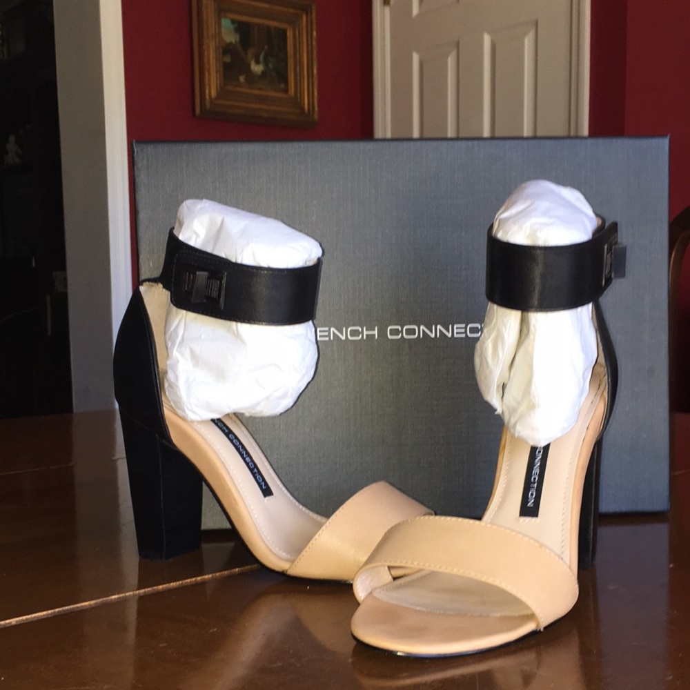 French Connection ankle strap heels beige and black size 37 1/2M (7) heel 3 1/2"